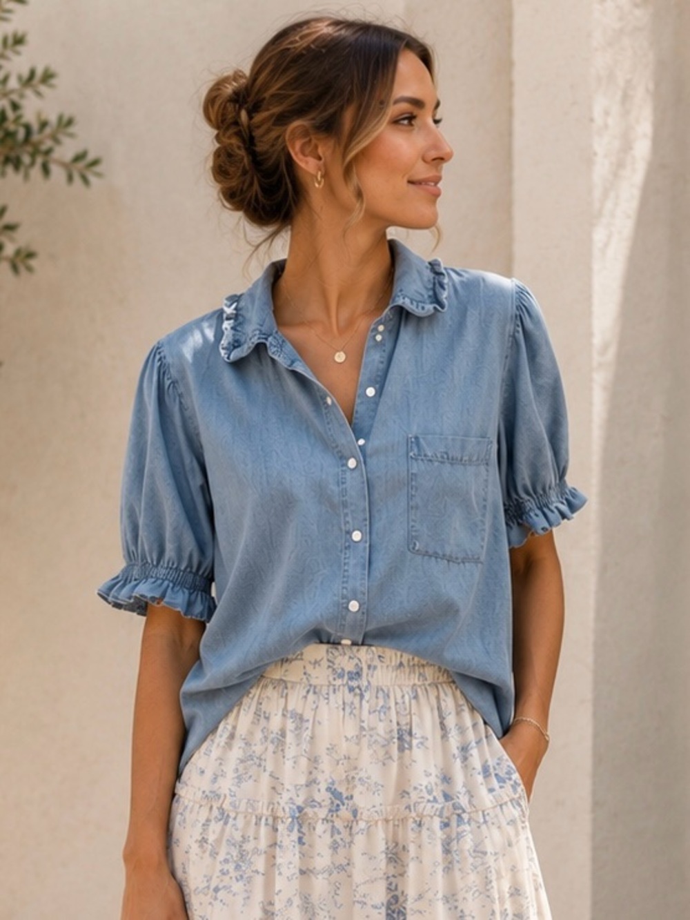 Jane and Delancey Light Blue Ruffle-Collar Button Down Shirt